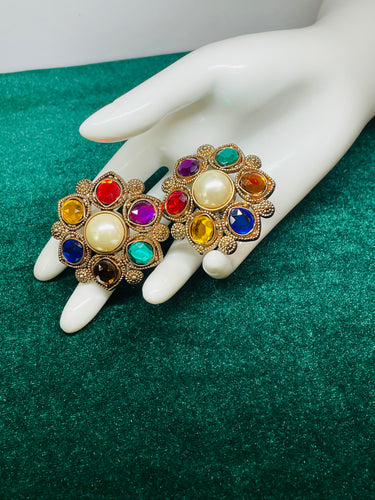 Rainbow Rhinestone Clip On Earrings with Faux Pearl Center